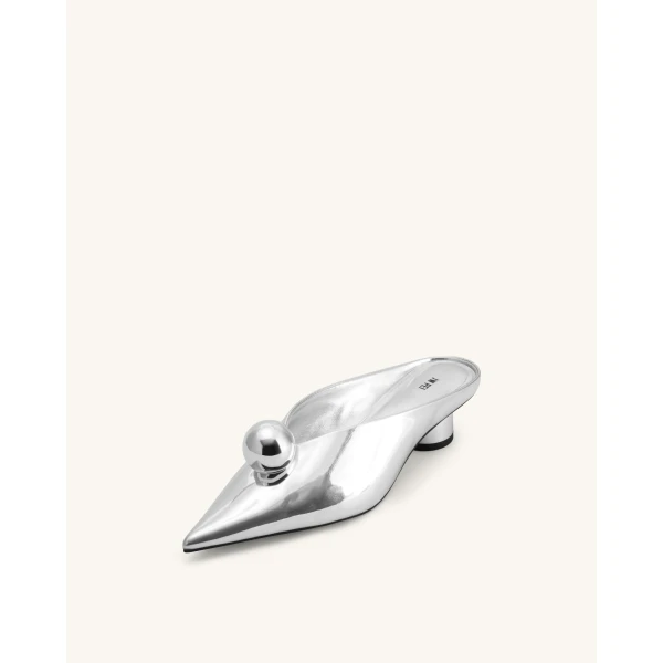 JW PEI Helena Sphere Embellished Pointed Toe Mules in Silver | Mules | Coveti