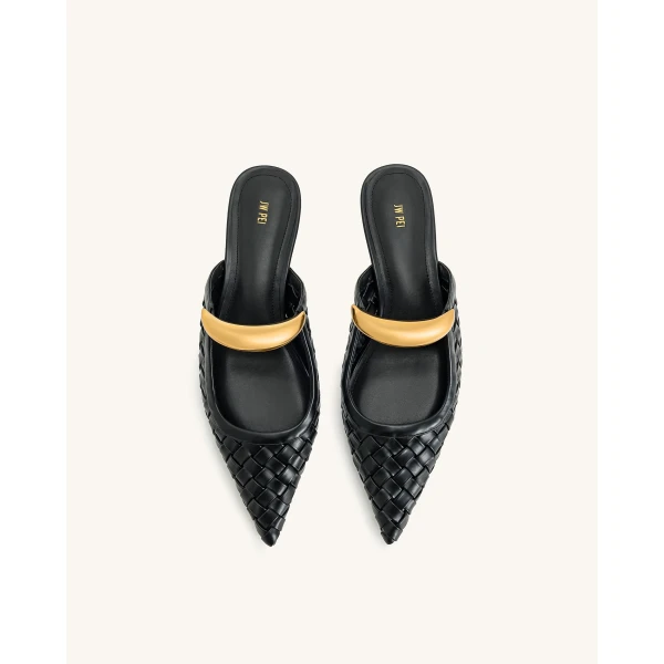 JW PEI Helena Weave Pierced Mules in Black | Mules | Coveti