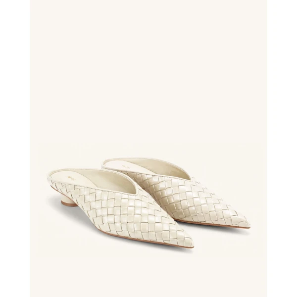 JW PEI Helena Woven Textured Pointed Toe Mules in Beige | Mules | Coveti