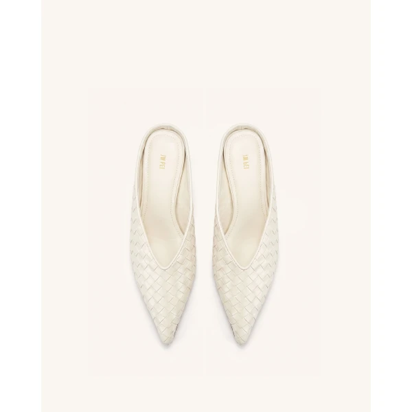 JW PEI Helena Woven Textured Pointed Toe Mules in Beige | Mules | Coveti