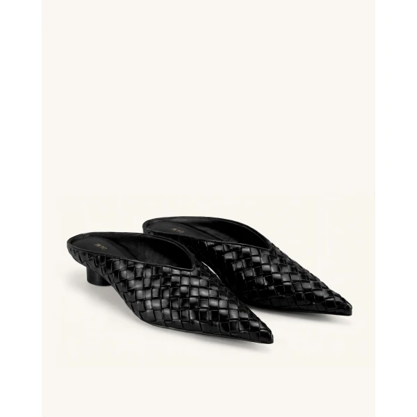 JW PEI Helena Woven Textured Pointed Toe Mules in Black | Mules | Coveti