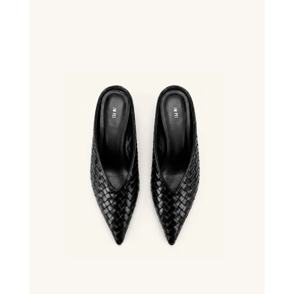 JW PEI Helena Woven Textured Pointed Toe Mules in Black | Mules | Coveti