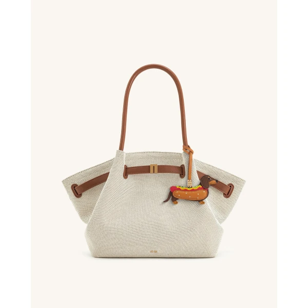 JW PEI Hot Dog Dachshund Bag Charm in Brown Multi | Bag Charms | Coveti