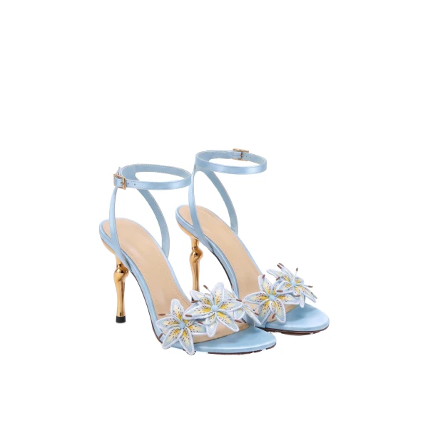 JW PEI Isadora Lily Floral Heeled Sandals in Light Blue | Sandals | Coveti