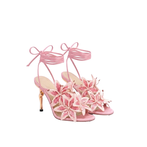 JW PEI Isadora Lily Floral Lace-Up Stiletto Sandals in Pink | Sandals | Coveti