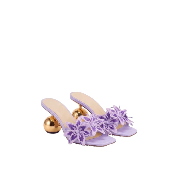 JW PEI Isadora Lily Floral Sculptural-Heel Mules in Lavender | Mules | Coveti