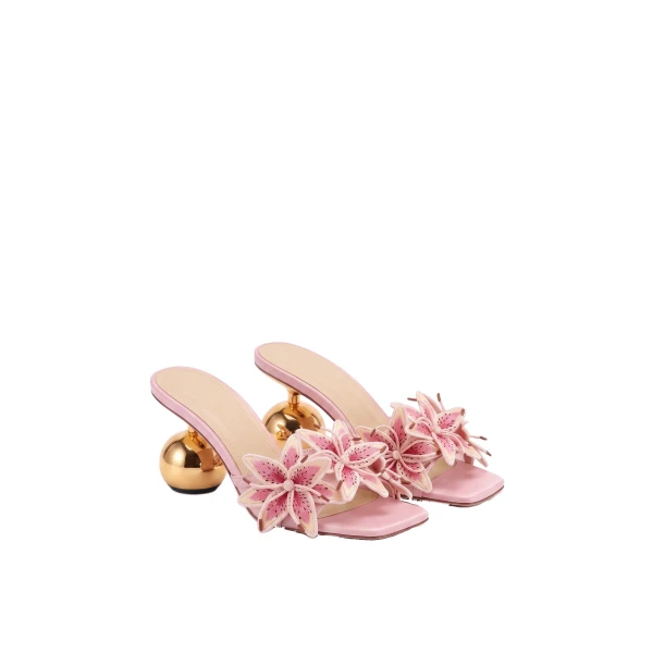 JW PEI Isadora Lily Floral Sculptural-Heel Mules in Pink | Mules | Coveti