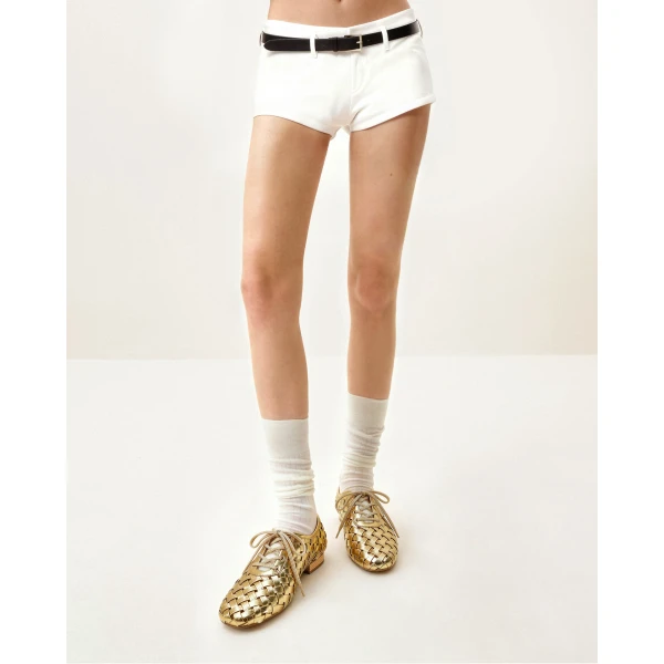 JW PEI Kayla Weave Strap Flat Shoes in Gold | Flats | Coveti