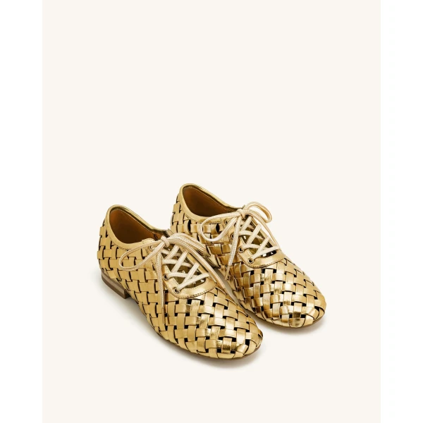 JW PEI Kayla Weave Strap Flat Shoes in Gold | Flats | Coveti