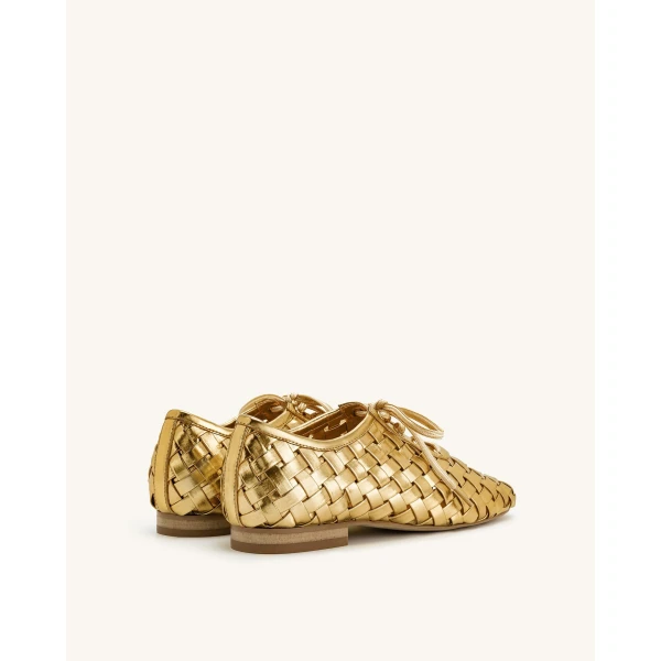 JW PEI Kayla Weave Strap Flat Shoes in Gold | Flats | Coveti