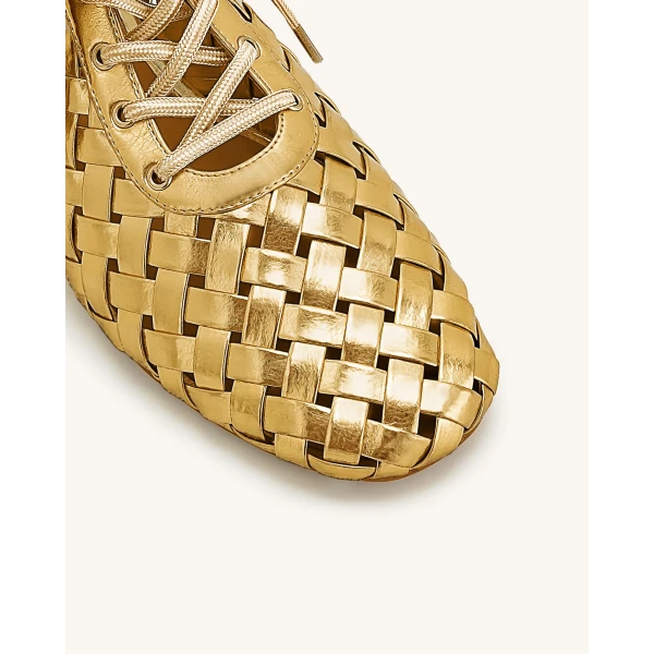 JW PEI Kayla Weave Strap Flat Shoes in Gold | Flats | Coveti