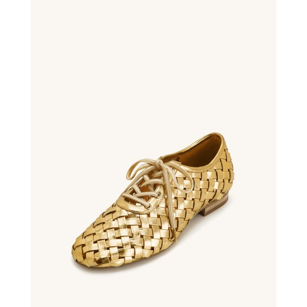 JW PEI Kayla Weave Strap Flat Shoes in Gold | Flats | Coveti