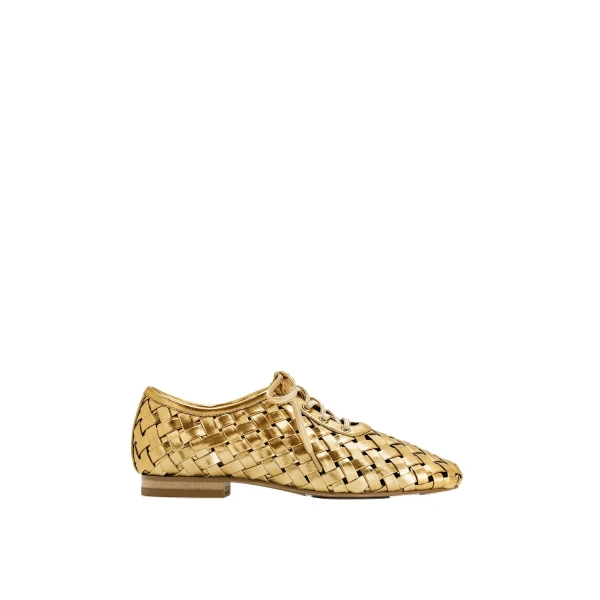 JW PEI Kayla Weave Strap Flat Shoes in Gold | Flats | Coveti