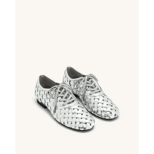 JW PEI Kayla Weave Strap Flat Shoes in Silver | Flats | Coveti
