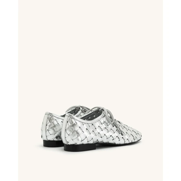 JW PEI Kayla Weave Strap Flat Shoes in Silver | Flats | Coveti