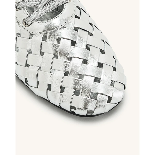 JW PEI Kayla Weave Strap Flat Shoes in Silver | Flats | Coveti
