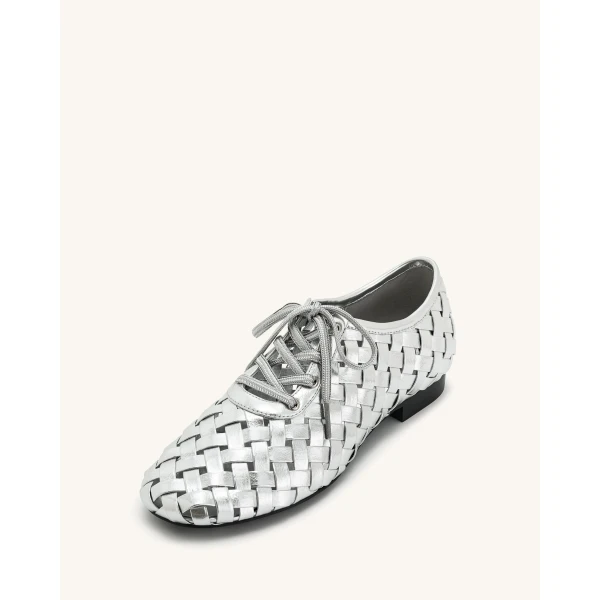 JW PEI Kayla Weave Strap Flat Shoes in Silver | Flats | Coveti