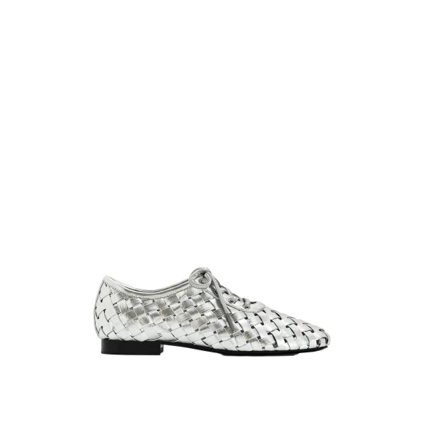 JW PEI Kayla Weave Strap Flat Shoes in Silver | Flats | Coveti