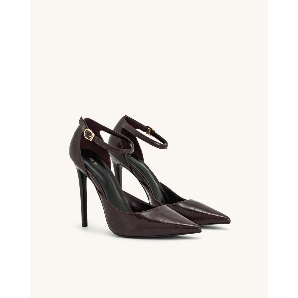 JW PEI Leah Croc-Embossed Ankle Strap Heels in Burgundy | Heels | Coveti