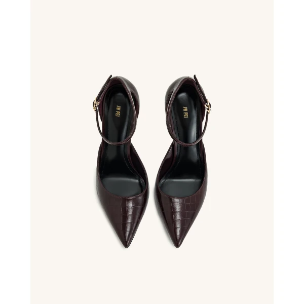 JW PEI Leah Croc-Embossed Ankle Strap Heels in Burgundy | Heels | Coveti