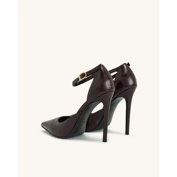 JW PEI Leah Croc-Embossed Ankle Strap Heels in Burgundy | Heels | Coveti