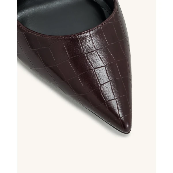 JW PEI Leah Croc-Embossed Ankle Strap Heels in Burgundy | Heels | Coveti