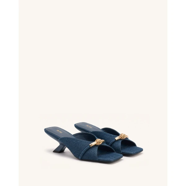 JW PEI Lena Metal Rope Knot Denim Cross-Strap Heeled Sandals in Denim Blue | Sandals | Coveti