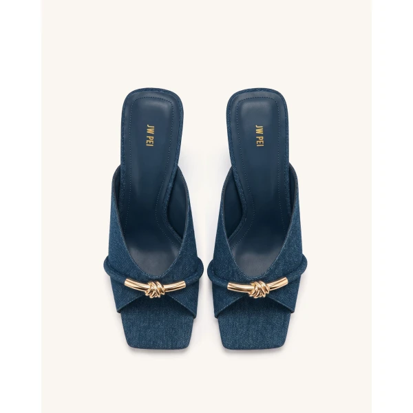 JW PEI Lena Metal Rope Knot Denim Cross-Strap Heeled Sandals in Denim Blue | Sandals | Coveti