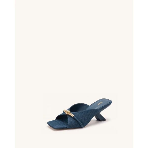 JW PEI Lena Metal Rope Knot Denim Cross-Strap Heeled Sandals in Denim Blue | Sandals | Coveti