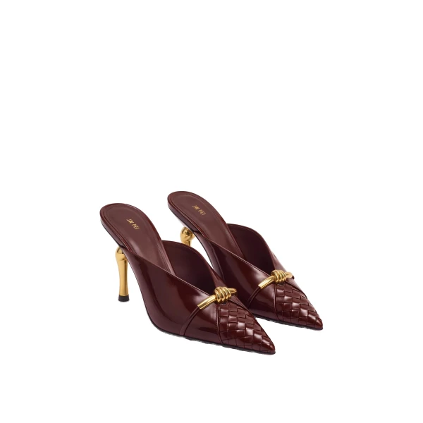 JW PEI Lena Metal Rope Knot Woven Panel Mules in Burgundy | Mules | Coveti