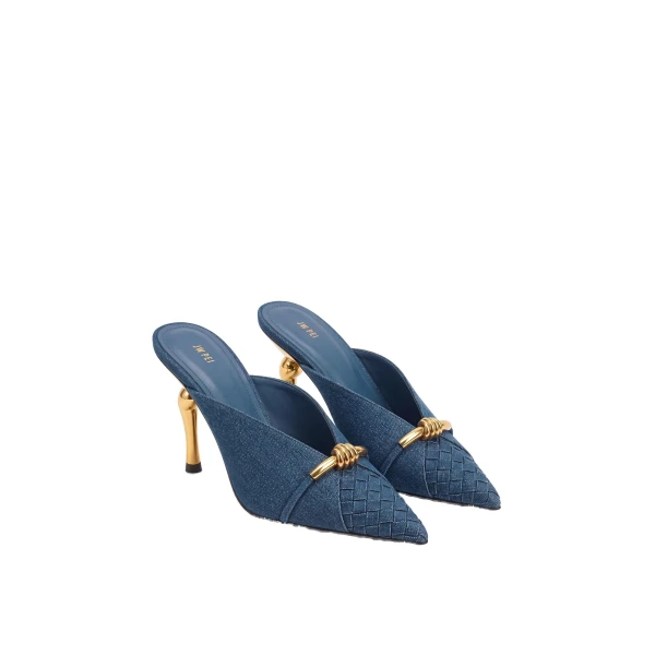 JW PEI Lena Metal Rope Knot Woven Panel Mules in Denim Blue | Mules | Coveti