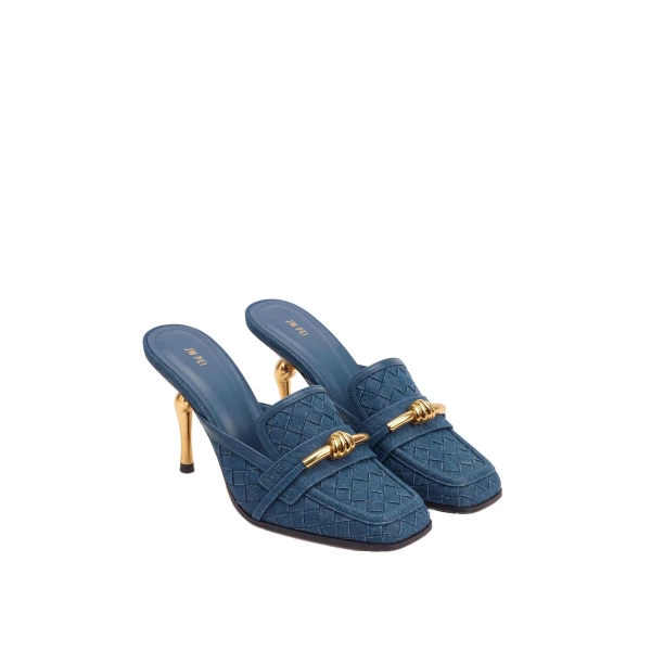JW PEI Lena Metal Rope Knot Woven Square Toe Mules in Denim Blue | Mules | Coveti