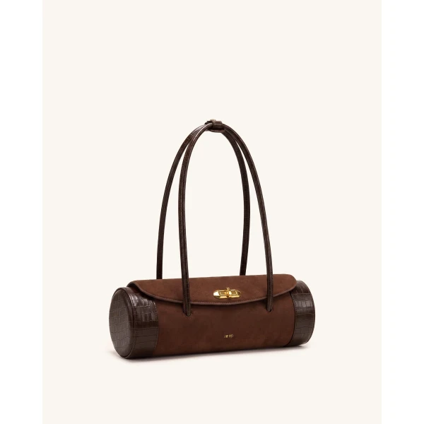JW PEI Maelis Faux Suede Croc-Trim Barrel Bag in Dark Brown | Shoulder & Crossbody Bags | Coveti