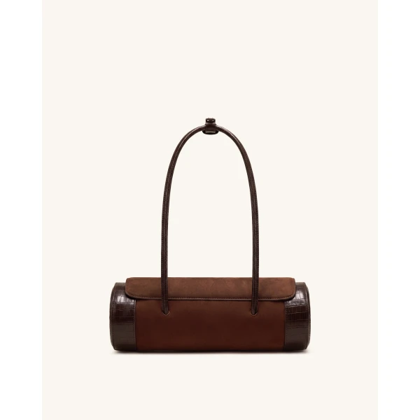JW PEI Maelis Faux Suede Croc-Trim Barrel Bag in Dark Brown | Shoulder & Crossbody Bags | Coveti