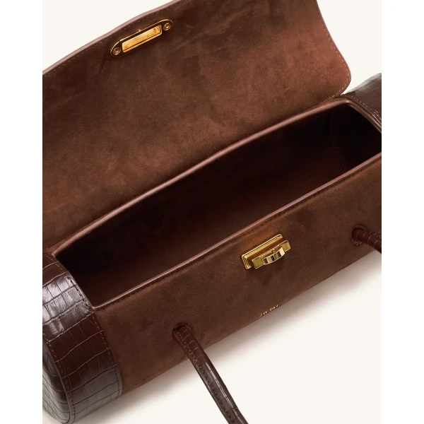 JW PEI Maelis Faux Suede Croc-Trim Barrel Bag in Dark Brown | Shoulder & Crossbody Bags | Coveti