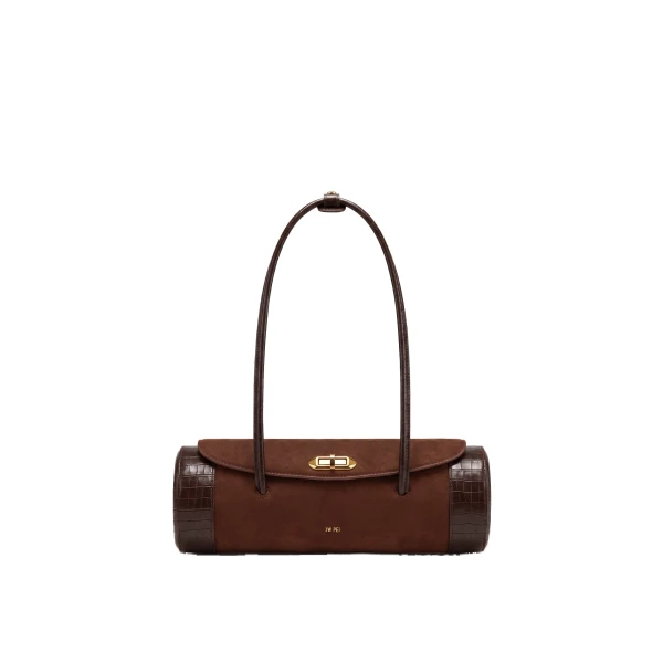 JW PEI Maelis Faux Suede Croc-Trim Barrel Bag in Dark Brown | Shoulder & Crossbody Bags | Coveti