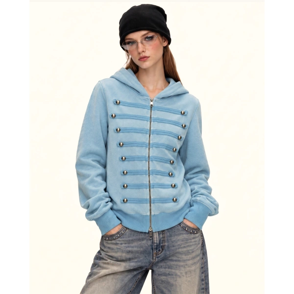 JW PEI Military Button Hooded Zip in Baby Blue | Hoodies | Coveti