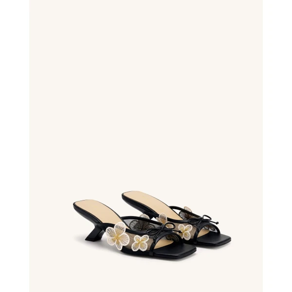 JW PEI Mireille Bow Floral Embroidered Applique Mesh Heeled Sandals in Black | Sandals | Coveti