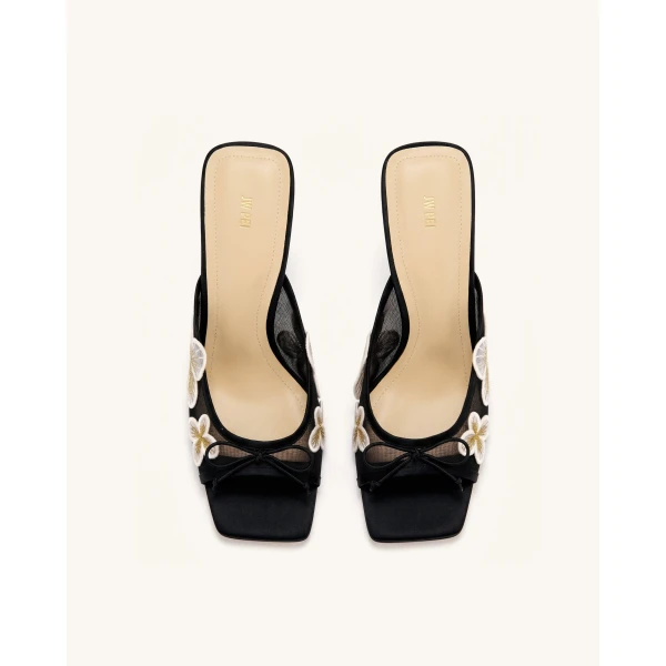 JW PEI Mireille Bow Floral Embroidered Applique Mesh Heeled Sandals in Black | Sandals | Coveti