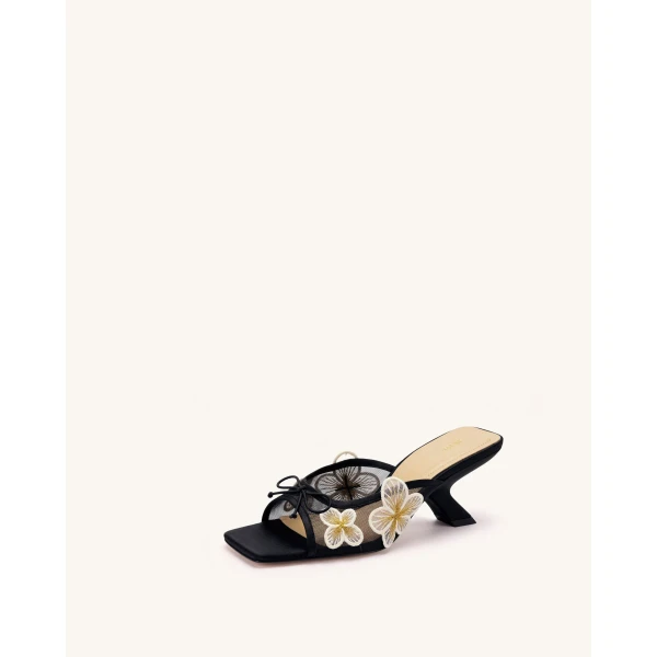 JW PEI Mireille Bow Floral Embroidered Applique Mesh Heeled Sandals in Black | Sandals | Coveti