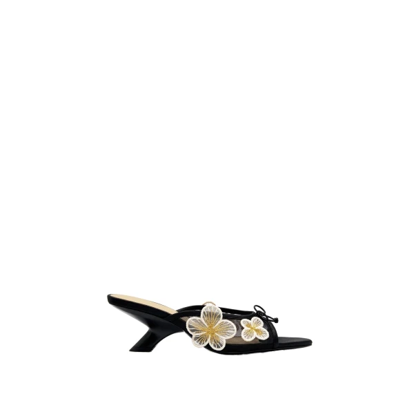JW PEI Mireille Bow Floral Embroidered Applique Mesh Heeled Sandals in Black | Sandals | Coveti