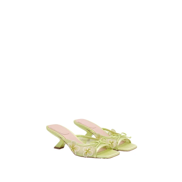 JW PEI Mireille Bow Floral Embroidered Applique Mesh Heeled Sandals in Chartreuse | Sandals | Coveti