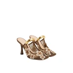 JW PEI Mireille Pierced Floral Embroidered Applique Mesh Mules in Brown | Mules | Coveti