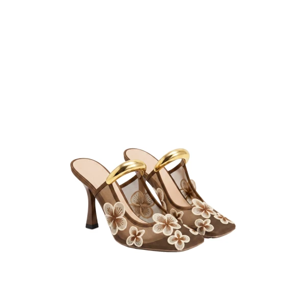 JW PEI Mireille Pierced Floral Embroidered Applique Mesh Mules in Brown | Mules | Coveti