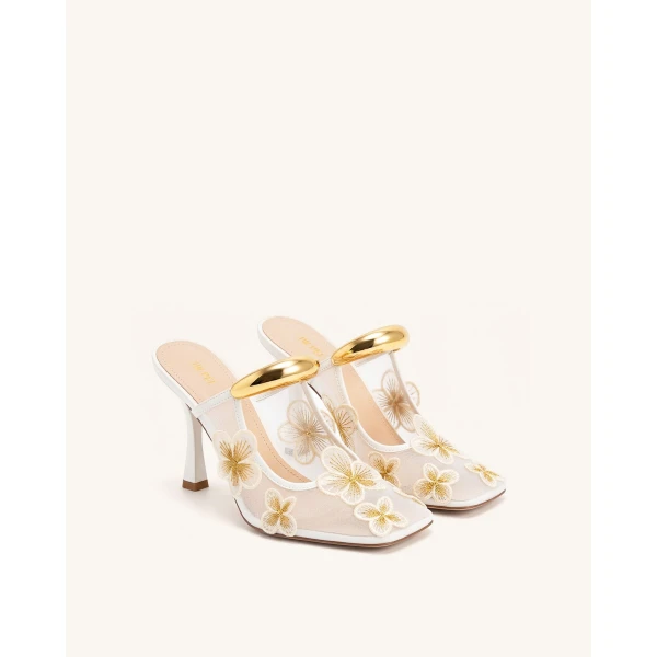 JW PEI Mireille Pierced Floral Embroidered Applique Mesh Mules in Ivory | Mules | Coveti