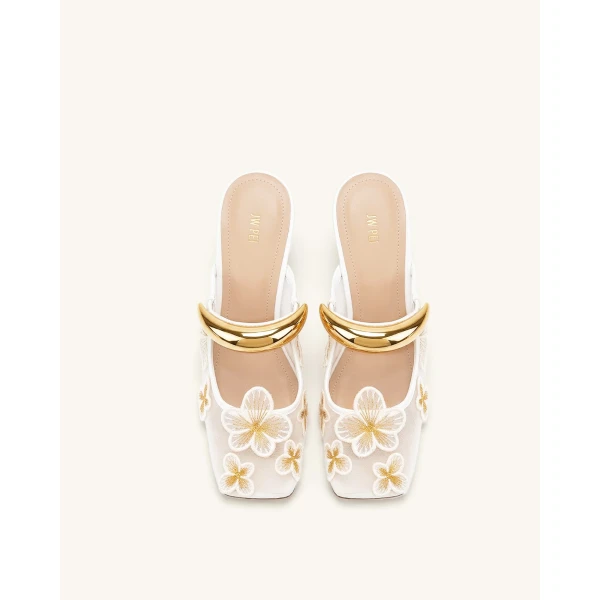 JW PEI Mireille Pierced Floral Embroidered Applique Mesh Mules in Ivory | Mules | Coveti