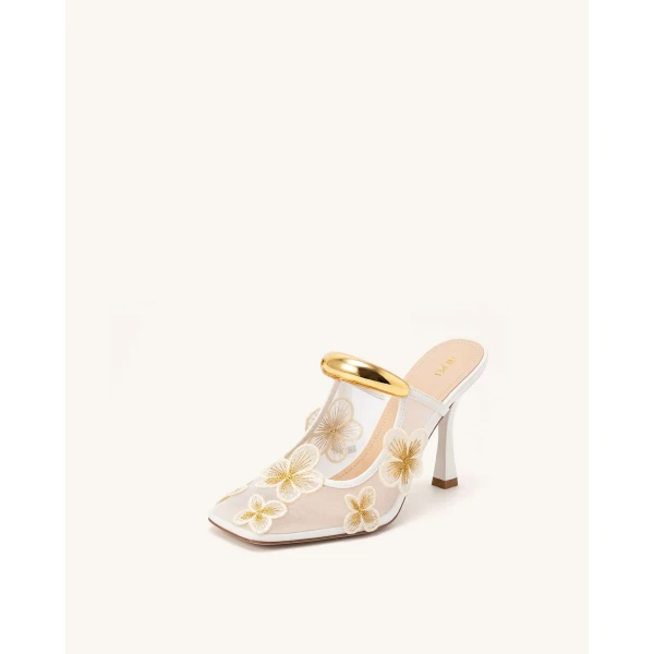 JW PEI Mireille Pierced Floral Embroidered Applique Mesh Mules in Ivory | Mules | Coveti