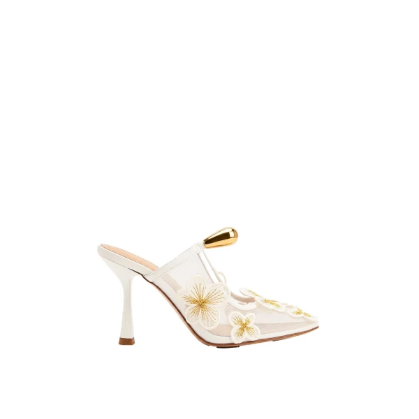 JW PEI Mireille Pierced Floral Embroidered Applique Mesh Mules in Ivory | Mules | Coveti
