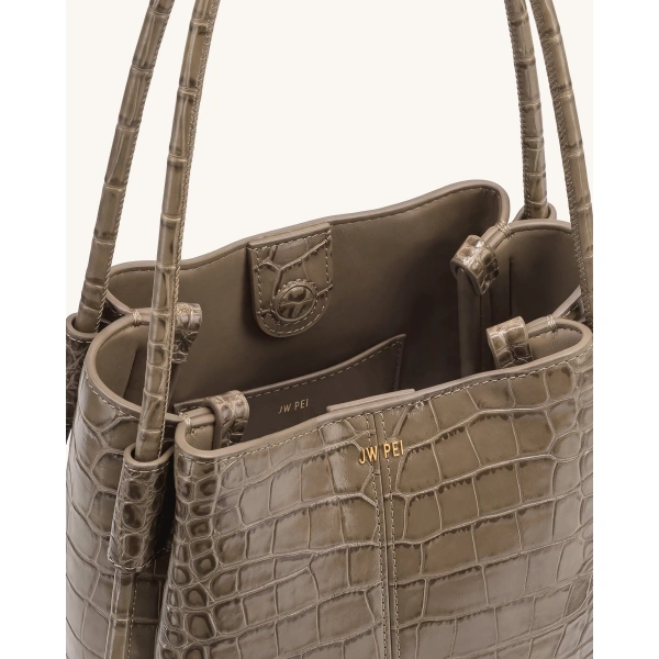 JW PEI Nala Bucket Bag in Taupe Croc | Bucket Bags | Coveti