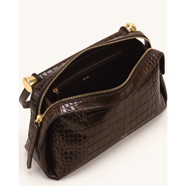 JW PEI Naomi Double-Zip Shoulder Bag in Brown Croc | Shoulder & Crossbody Bags | Coveti